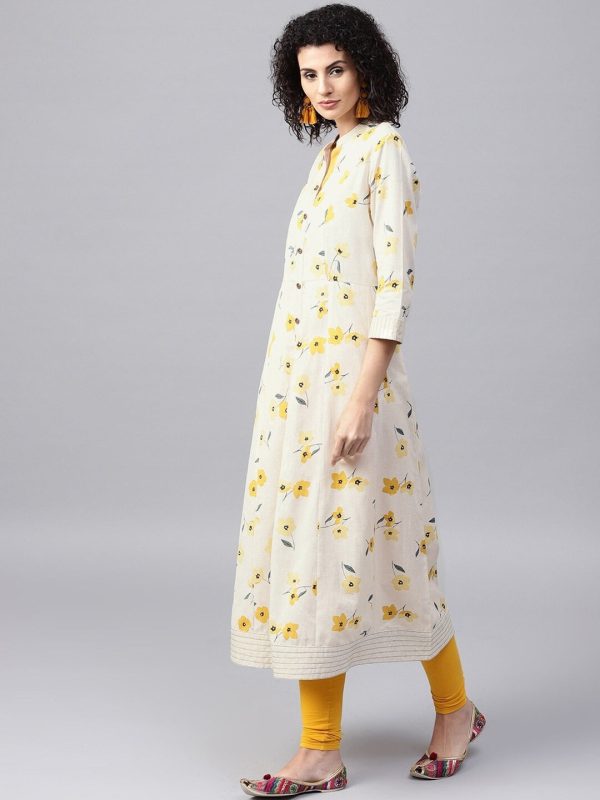 NOZ2TOZ Off-White & Mustard Yellow Printed A-Line Kurta For Discount