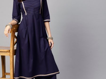 NOZ2TOZ Navy Blue Yoke Design Empire Pure Cotton Kurta With Palazzos Sale