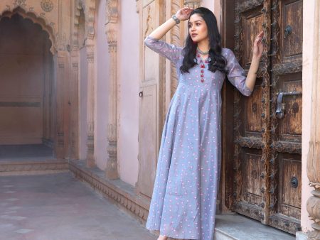 Lyush Women Grey Lotus Floral Long Anarkali Kurta Cheap