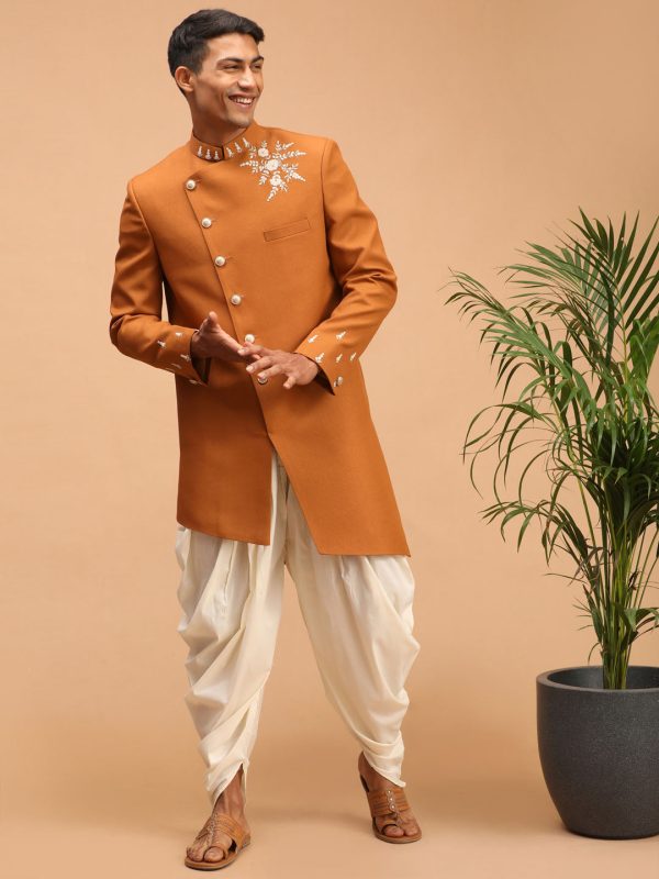 Shrestha By Vastramay Men s Mustard And Cream Silk Blend Sherwani Set For Cheap