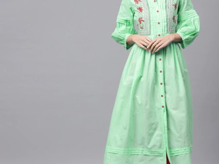 NOZ2TOZ Green Ethnic Motifs Yoke Design Block Print Kurta For Discount