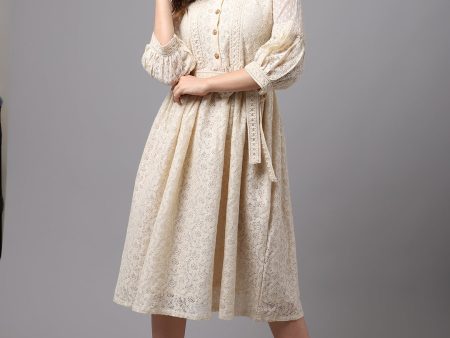 NOZ2TOZ Off White Schiffli Fabric Dress With Stylish Sleeve. For Sale