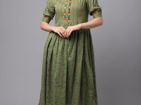 NOZ2TOZ Olive Green Flower Print And Strip Kurta For Sale