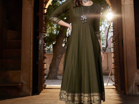 Lyush Women Olive Floral Foil Border Anarkali Kurta With Pants Supply