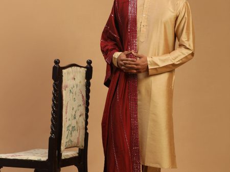 Shrestha By Vastramay Men s Rose Gold And Maroon Viscose Kurta, Pyjama & Dupatta Set on Sale