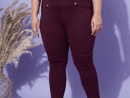 Lyush Women Burgundy Show Button High Waist Jeggings on Sale