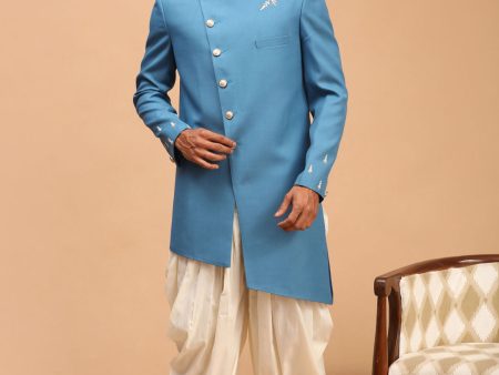 Shrestha By Vastramay Men s Turquoise And Cream Silk Blend Sherwani Set Discount