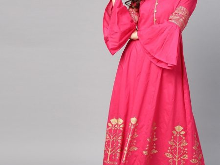 NOZ2TOZ Women Pink & Golden Block Print A-Line Kurta Online Hot Sale