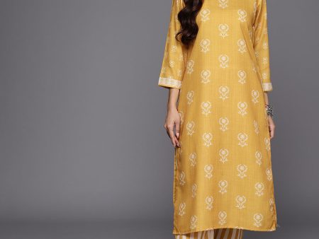 KSUT (House of Varanga) Mustard Digital Printed Kurta With V Neckline Paired With Straight Trouser on Sale