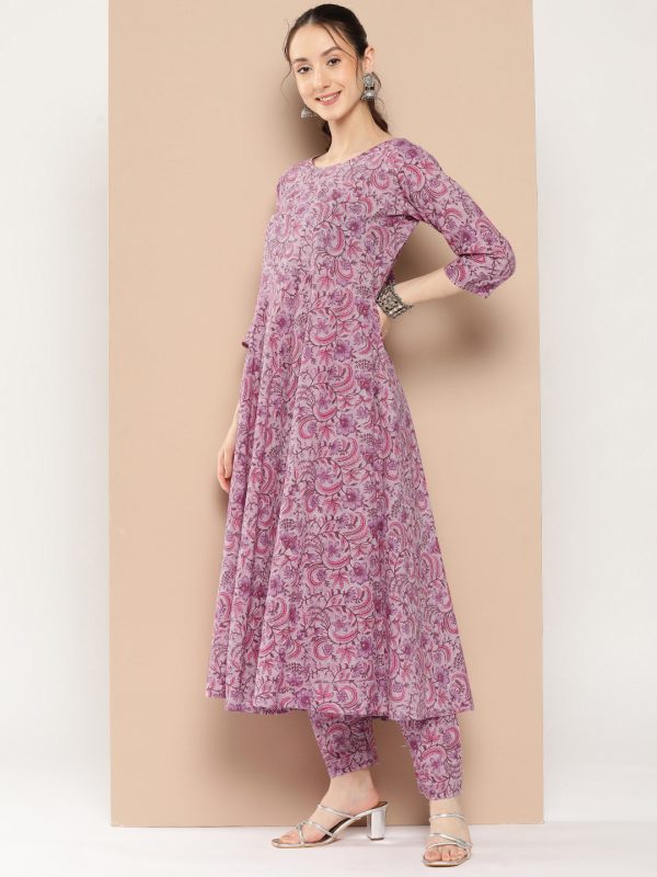 NOZ2TOZ Women Lavender Floral Printed Kurta With Trouser And Dupatta Online now