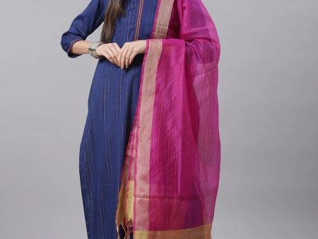 NOZ2TOZ Blue Striped Kurta With Trousers & Dupatta Supply