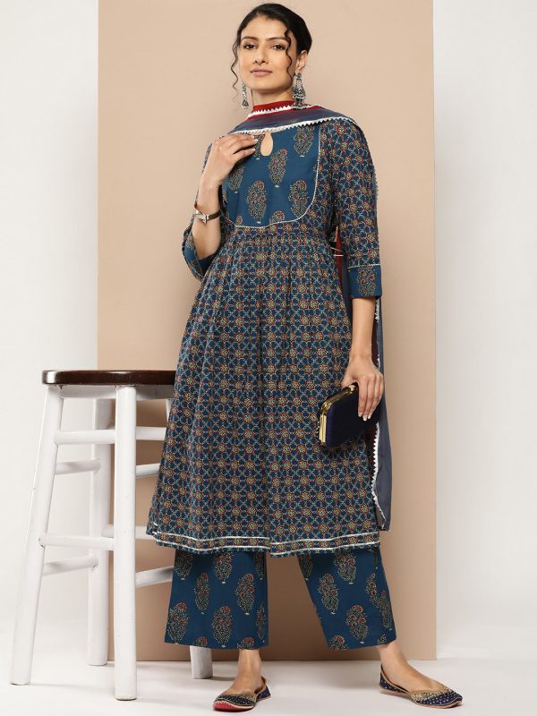 KSUT (House of Varanga) Blue And Rust Yoke Style Anarkali Paired With Printed Palazzo And Ombre Dupatta Sale