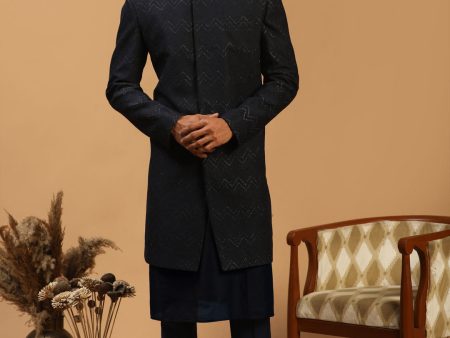 Shrestha By Vastramay Men s Navy Blue Viscose Sherwani Set For Sale