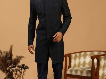 Shrestha By Vastramay Men s Navy Blue Silk Blend Sherwani Set on Sale