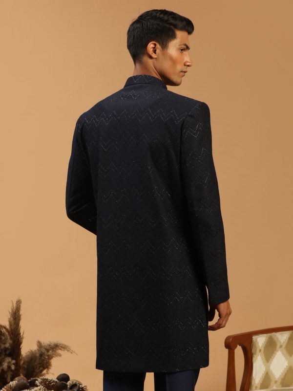 Shrestha By Vastramay Men s Navy Blue Silk Blend Sherwani Only Top Fashion