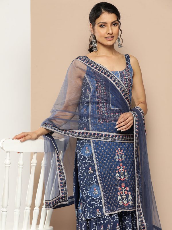 KSUT (House of Varanga) Blue Color Strap Style Digital Printed Kurta With Printed Sharara And Net Dupatta Online Sale