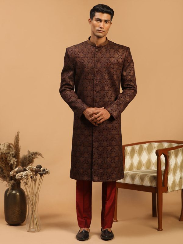 Shrestha By Vastramay Men s Maroon Silk Blend Sherwani Only Top For Sale