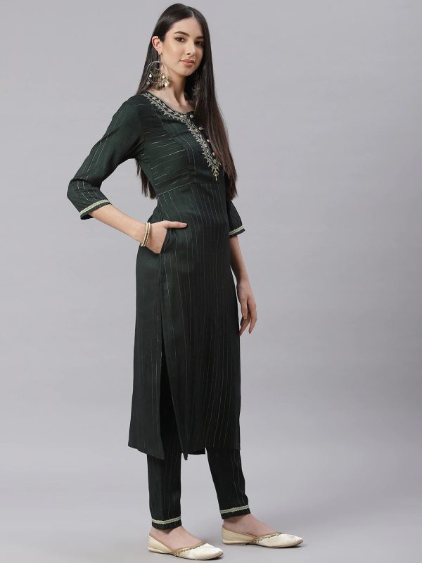 NOZ2TOZ Green Striped Kurta With Trousers And Dupatta For Cheap