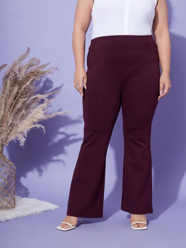 Lyush Women Burgundy Bell Bottom 4-Way Stretch Trousers Fashion