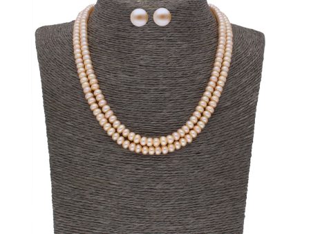 J Pearls 2 Line Button Peach Pearl Set - Real Pearl Jewelry Sale