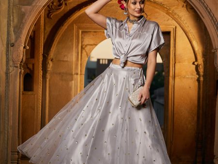 Lyush Women Grey Satin Crop Shirt With Tulle Sequin Skirt Discount