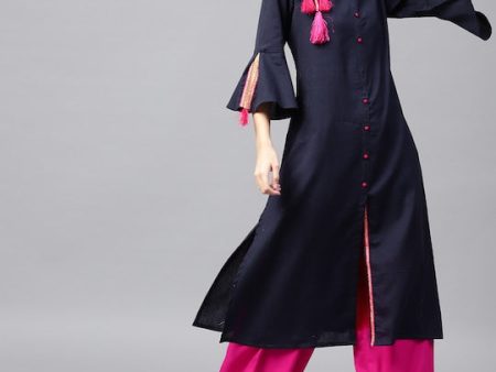 NOZ2TOZ Navy & Magenta Solid Kurta With Palazzos on Sale