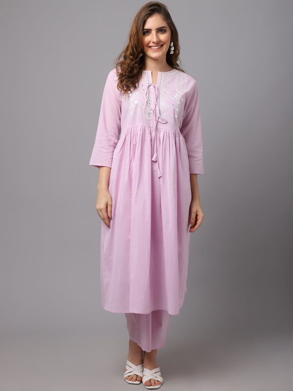 NOZ2TOZ Lavender Mirror Work Kurta For Sale