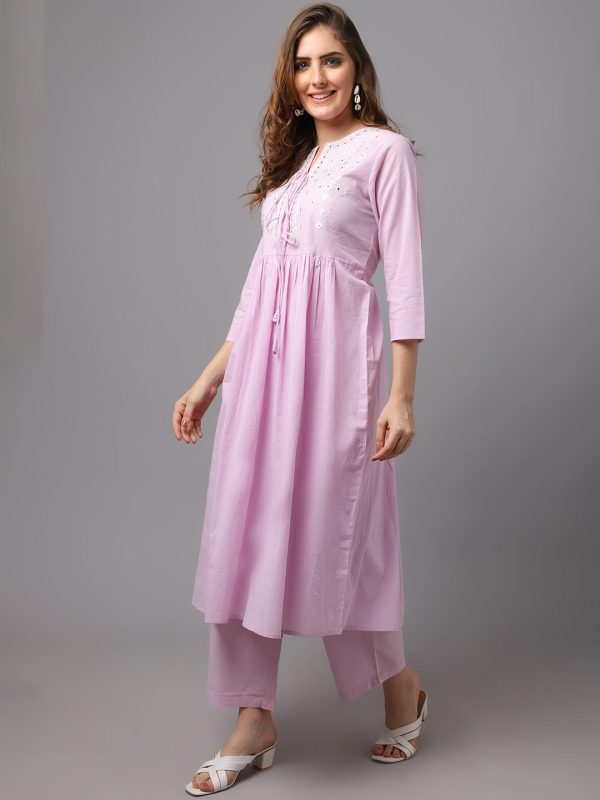 NOZ2TOZ Lavender Mirror Work Kurta For Sale