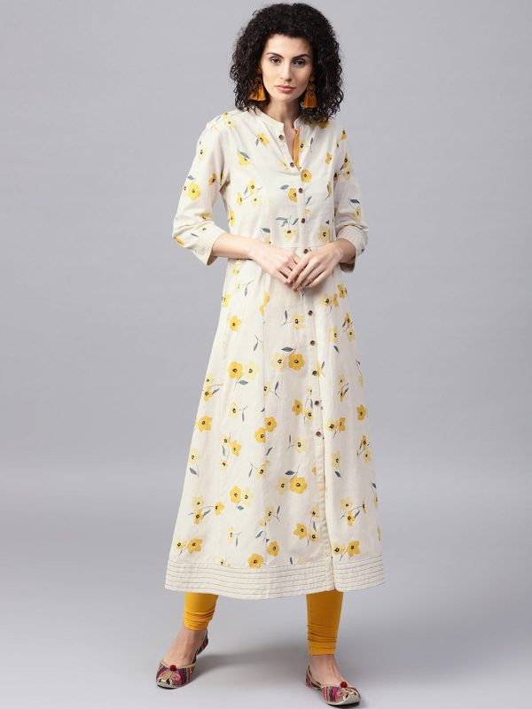 NOZ2TOZ Off-White & Mustard Yellow Printed A-Line Kurta For Discount