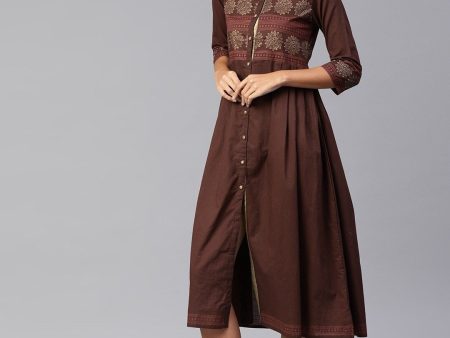 NOZ2TOZ Coffee Brown Solid Midi Fit & Flare Dress Sale