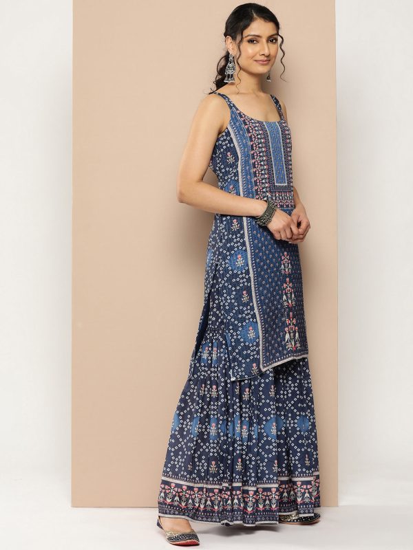 KSUT (House of Varanga) Blue Color Strap Style Digital Printed Kurta With Printed Sharara And Net Dupatta Online Sale