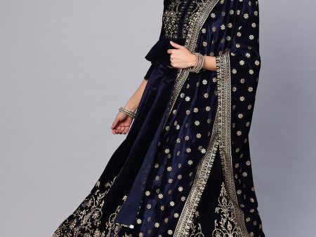 Indian Clothing Juniper Women Navy Velvet Embroidered Flared Lehenga Choli Sets Supply