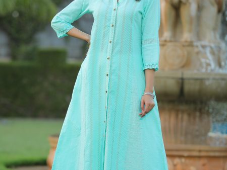 Juniper Women Aqua Cotton Dobby Printed A-Line Kurta Online