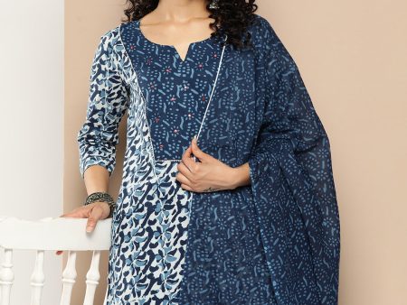 KSUT (House of Varanga) Blue And White Cotton Printed Yoke Design Kurta Paired With Printed Dupatta And Trouser Online