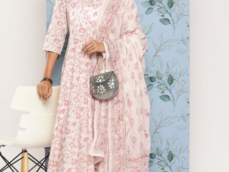 NOZ2TOZ Women Off- White & Pink Printed Anarkali Kurta With Trouser And Dupatta Supply