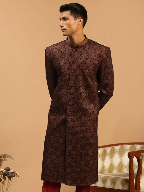 Shrestha By Vastramay Men s Maroon Silk Blend Sherwani Only Top For Sale