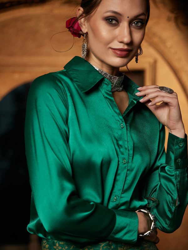 Lyush Women Green Satin Shirt With Brocade Skirt For Cheap