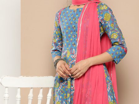 KSUT (House of Varanga) Blue Floral Printed Anarkali Kurta Paired With Printed Palazzo And Dupatta Hot on Sale