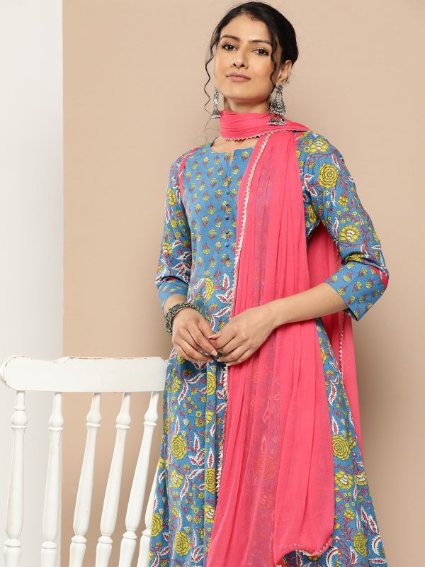 KSUT (House of Varanga) Blue Floral Printed Anarkali Kurta Paired With Printed Palazzo And Dupatta Hot on Sale