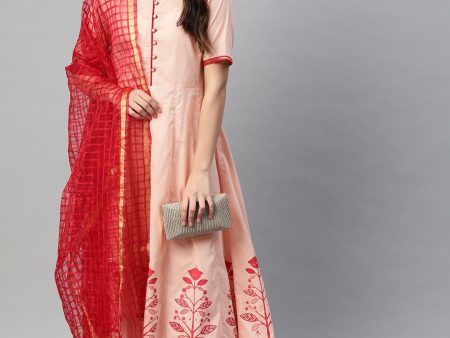 NOZ2TOZ Peach-Coloured & Red Printed Kurta With Palazzos & Dupatta Online now