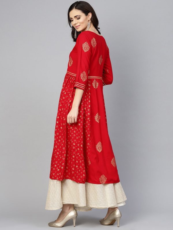 NOZ2TOZ Red & Golden Printed A-Line Kurta Online