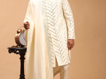 Shrestha By Vastramay Men s Cream Silk Blend Sherwani Set With Dupatta Online