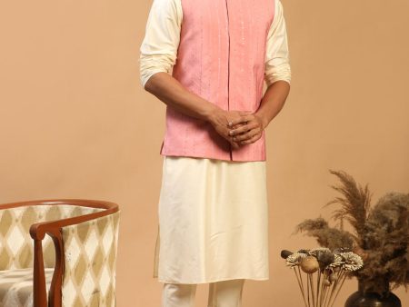 Shrestha By Vastramay Men s Cream And Pink Viscose Jacket, Kurta And Pyjama Set Supply