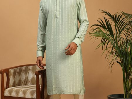 Shrestha By Vastramay Men s Green And Cream Cotton Blend Kurta Pyjama Set For Sale