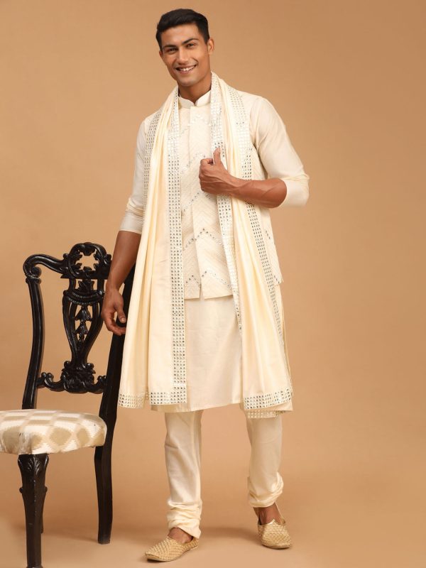 Shrestha By Vastramay Men s Cream Viscose Jacket, Kurta And Pyjama Set Fashion