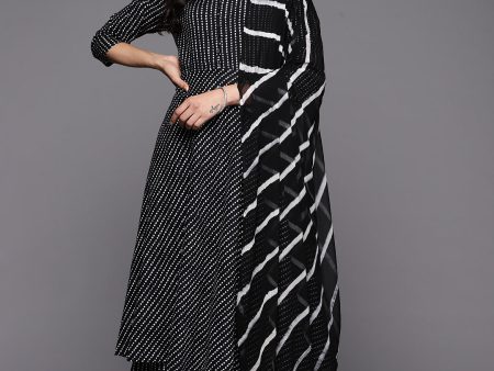 KSUT (House of Varanga) Black And White Cotton Printed Anarkali Kurta Paired With Palazzo And Chiffon Dupatta For Discount