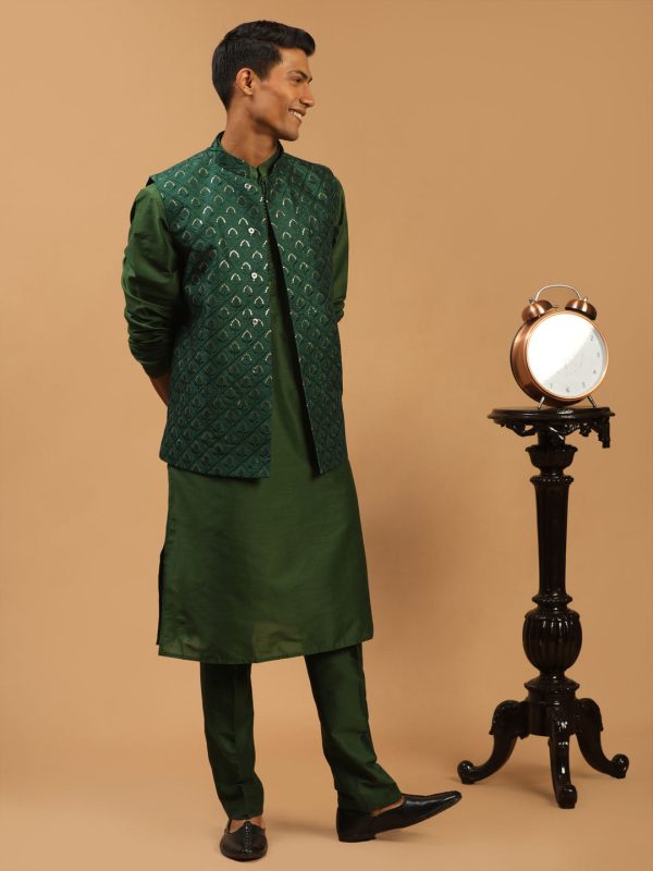 Shrestha By Vastramay Men s Green Silk Blend Jacket, Kurta & Pyjama Fashion