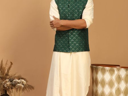 Shrestha By Vastramay Men s Cream And Green Cotton Blend Jacket, Kurta & Pyjama Online