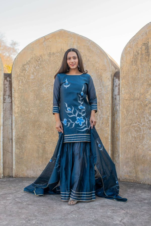 Women s Blue Hand Painted Sharara Set - Isya Online Sale