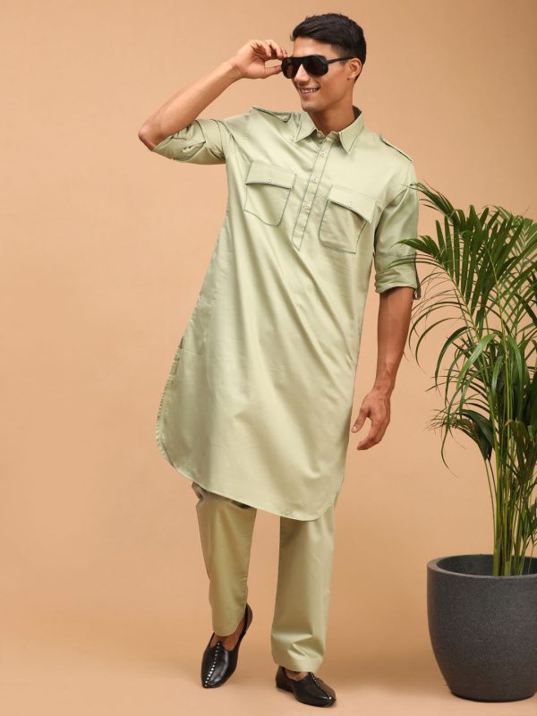 Shrestha By Vastramay Men s Green Cotton Blend Pathani Kurta Set Online Hot Sale